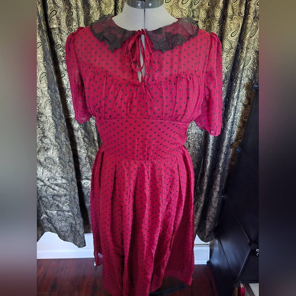 Hell Bunny Maroon and Black Polka Dot Midi Dress